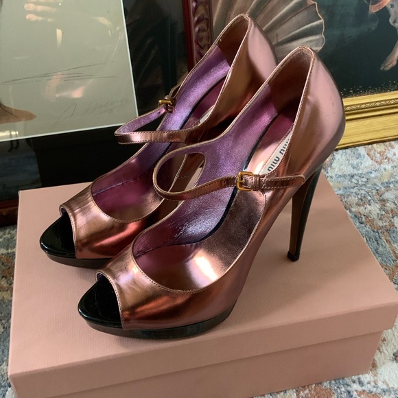 miu miu Capretto Lamina Cammeo metallic rose gold copper open peep toe Mary Jane - Picture 2 of 14